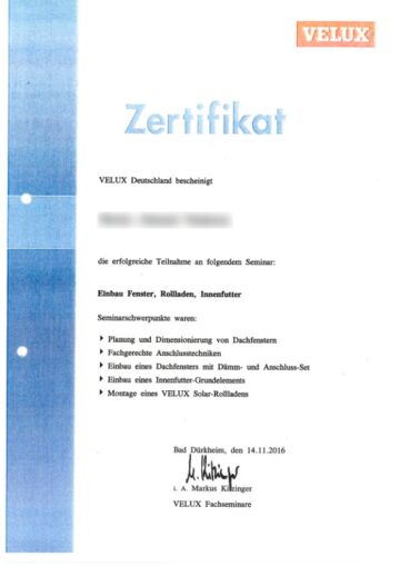 Velux Zertifikat
