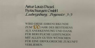 Ehrenurkunde 100 Jahre Diezel Bedachungen