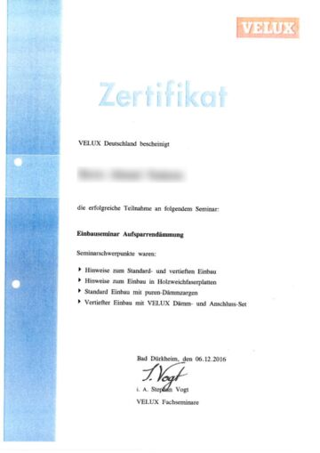 Velux Zertifikat