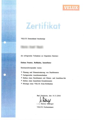 Velux Zertifikat