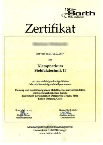 Zertifikat Klempnerkurs Stehfalztechnik 1